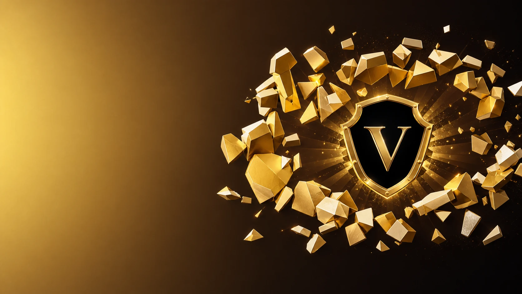 Goldene Fragmente um ein schwarzes V-Emblem als Illustration einer Auszahlung in mehreren Schritten