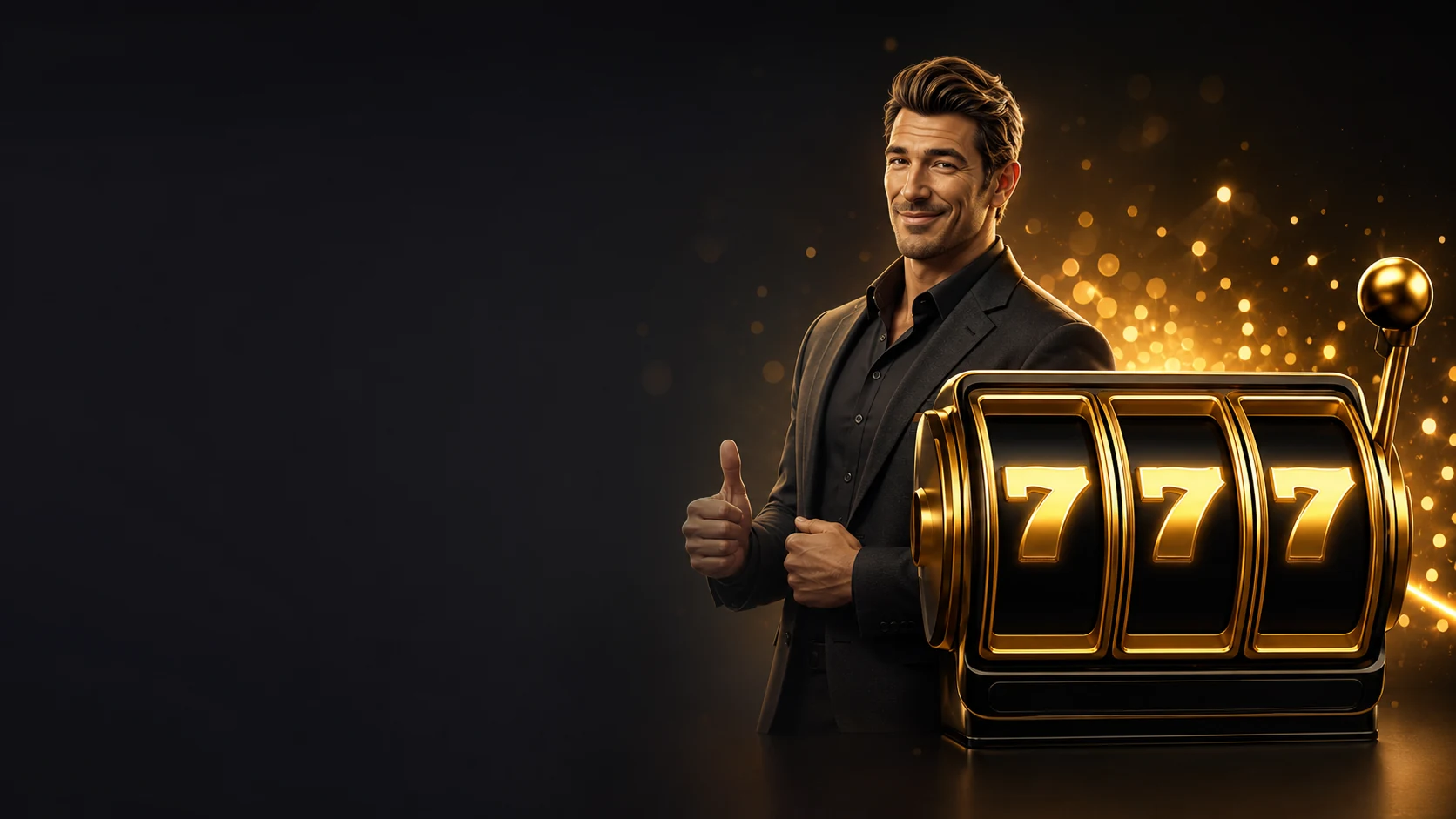 Eleganter Gastgeber neben einer schwarz-goldenen Spielmaschine mit drei Siebenern